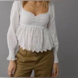 American Eagle White Long Sleeve Babydoll Eyelet Puff Sleeve Smocked Crop